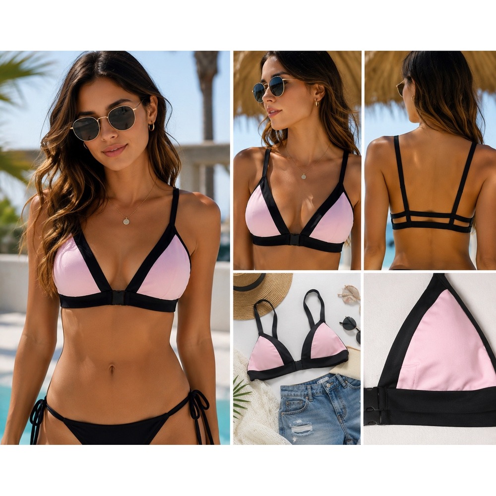 Adore Me Strappy Cage Back Bikini Top Pink Black M English Rose NWT